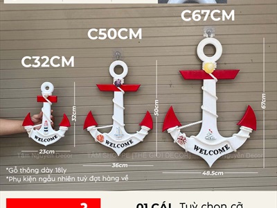 Mỏ neo gỗ Welcome quấn dây thừng đính phụ kiện [3 Size - 2 màu] C32-50-67cm MONEO-05